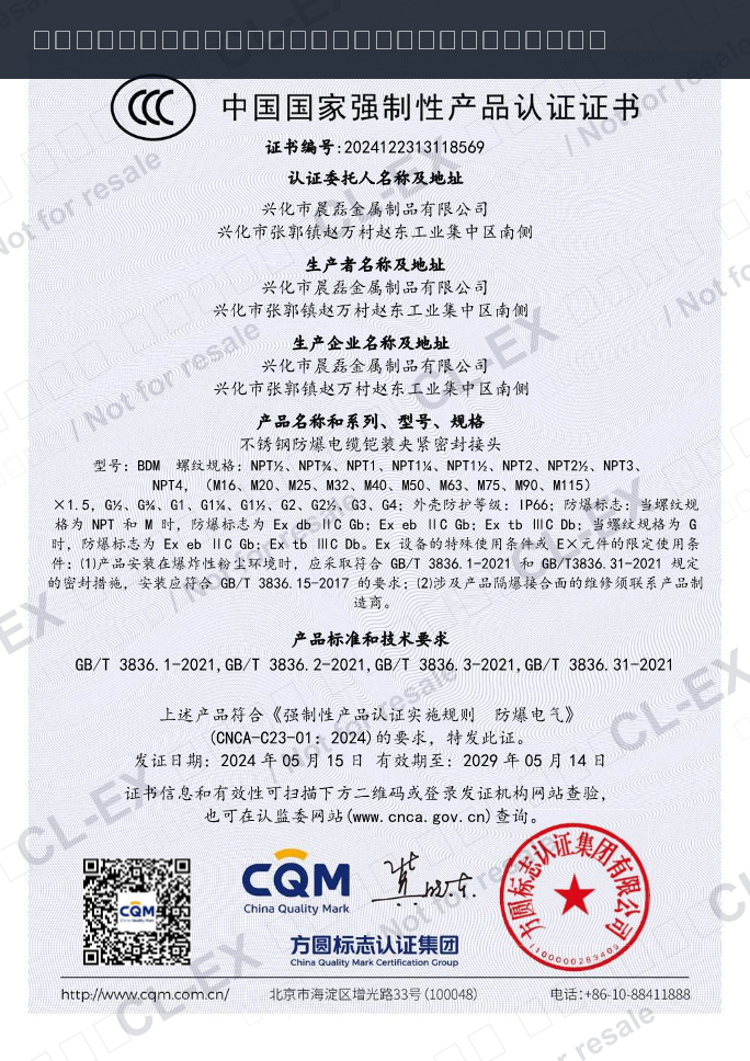 不锈钢防爆电缆铠装夹紧密封接头防爆合格证CCC证书水印预览